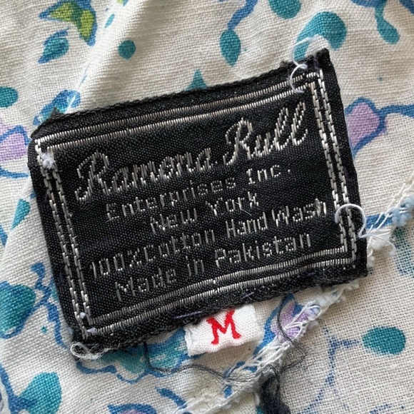 VTG RAMONA RULL Women's M White Blue Floral Cotton Kaftan Duster Dress w Pockets - Picture 9 of 12